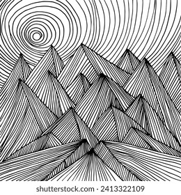 Figure mountains with clouds. Sketch of a mountain landscape, pen drawing. vector illustration.