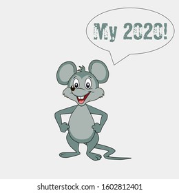 The figure is a mouse, gray, smiling, cool, with the text 2020. New Year symbol! Mouse for general use, print, vector drawing.