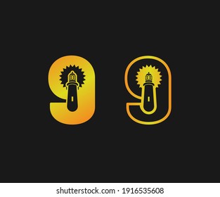 figure nine with the silhouette of a lighthouse with light rays