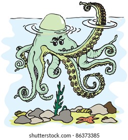 Figure octopus tentacles waving in the style of cartoon fun.