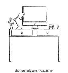 figure office desk with lamp and computer screen