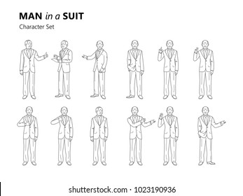 Figure of an old man in a suit is standing. Different gestures. Set.