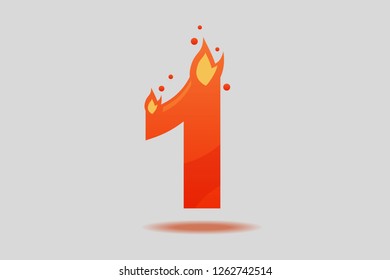 The figure is one. Number 1, decorated with red flames and sparks. Flat Vector Illustration