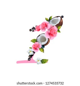 Figure One of realistic coconut and flowers on a white background.