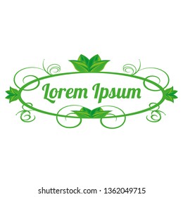 In the figure, a pattern, an emblem, a box for packing the goods, green with leaves, on a white background, with an adobe decorated text. Picture for presentation, site, project.