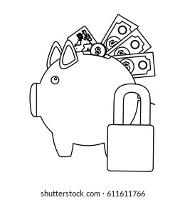figure pig save different money and padlock, vector illustration design