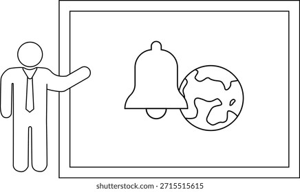 A figure pointing to a frame with a bell and earth icon inside