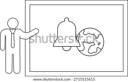 A figure pointing to a frame with a bell and earth icon inside
