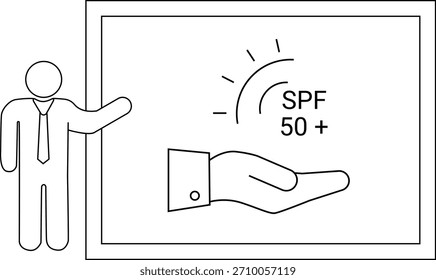 Figura que apunta a un letrero con gráfico solar SPF 50 y una Imagen de mano