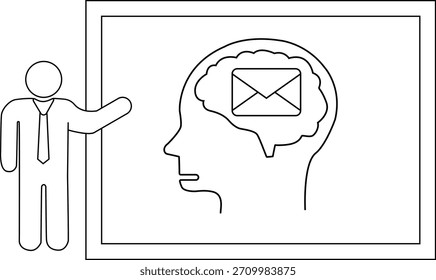 Una figura que apunta a una pizarra con una cabeza que contiene un cerebro y un icono de correo electrónico