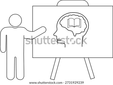 Figure points to a board with a brain outline and a book inside it