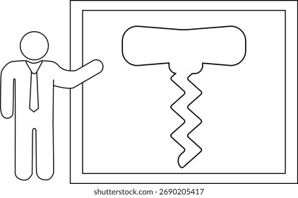 A figure points to a board featuring a corkscrew sketch