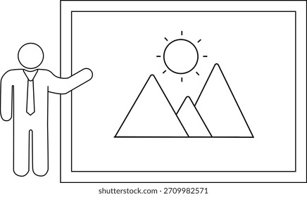 Una figura apunta a un dibujo de paisaje de montañas y un sol enmarcado por un borde grueso