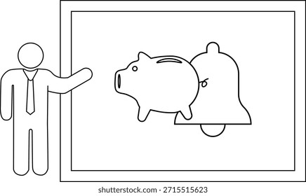 Uma figura aponta para uma apresentação mostrando um mealheiro ao lado de um sino