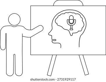 Una figura apunta a una pizarra blanca que representa un perfil con un micrófono dentro del cerebro