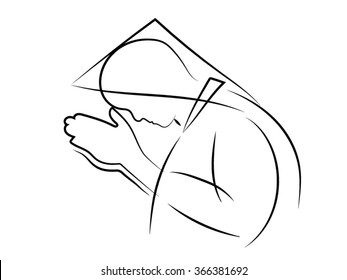 figure of a praying man, man in the cloak bowed head and arms in prayer. Vector black - white illustration on the theme of religion.