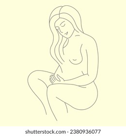 Figure of pregnancy and motherhood sitting girl with long hair holding her belly linear illustration