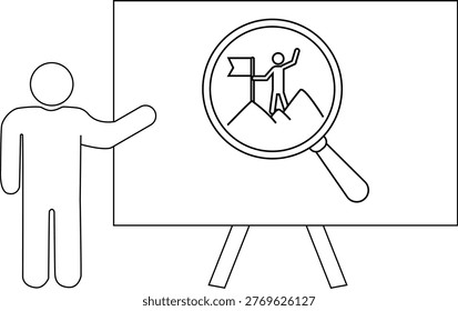 Figure presenting an easel with a magnifying glass showcasing a person on a mountain with a flag