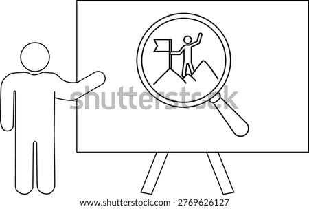 Figure presenting an easel with a magnifying glass showcasing a person on a mountain with a flag