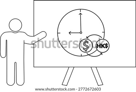 Figure presenting a whiteboard with a clock and currency exchange symbols between USD and HKD