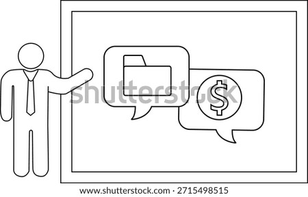 A figure presents a board with folder and dollar sign speech bubbles in a framed presentation