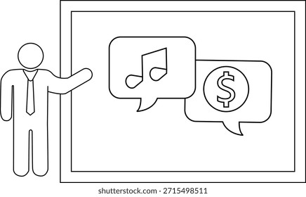 Una figura presenta un tablero con una nota musical y un símbolo de dinero en burbujas de discurso