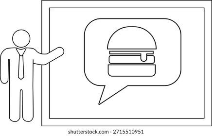 A figure presents a burger thought bubble on a display