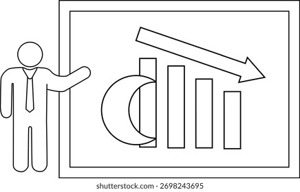Uma figura apresenta um gráfico representando uma tendência de queda indicada por barras e uma seta