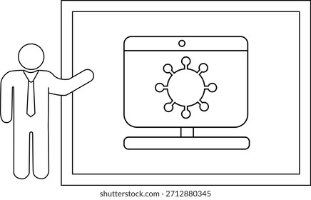 La figura presenta la computadora que muestra el icono del virus enmarcado contra blanco