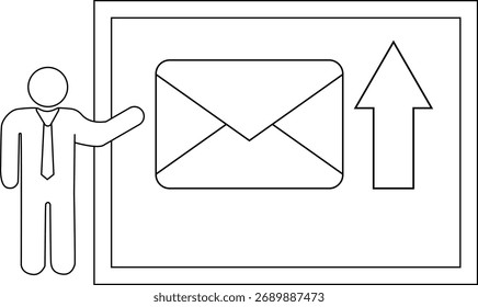 Uma figura apresenta um ícone de envelope e uma seta para cima dentro de um quadro