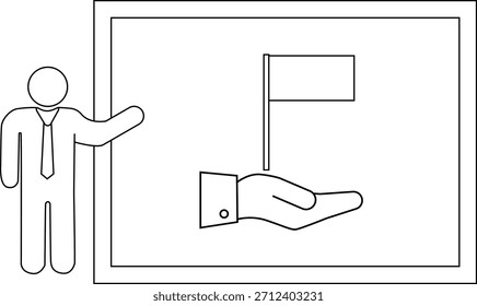 Uma figura apresenta uma mão segurando uma bandeira em um quadro branco