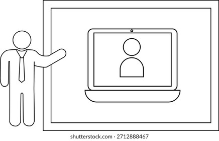 Una figura presenta una computadora portátil que muestra una figura representada en líneas simples dentro de un espacio enmarcado
