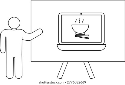Figure presents a laptop displaying a noodle bowl on a stand