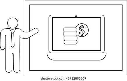 Una figura presenta una computadora portátil que muestra monedas apiladas y un signo de dólar dentro de un marco