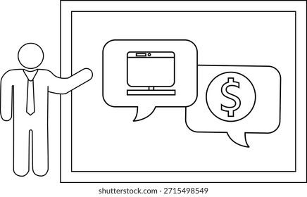 Eine Figur zeigt auf dem Bildschirm einen Monitor und ein Dollarzeichen in Gedankenblasen