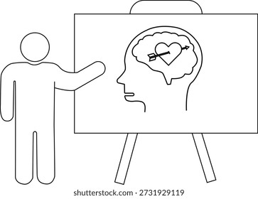 Una figura presenta una pizarra con un dibujo de la cabeza que muestra un corazón empalado por una flecha dentro del cerebro