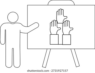 Figura apresenta quadro de comunicações com gráfico de mãos levantadas em um tripé