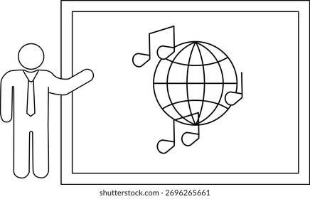 A figure presents a whiteboard showcasing a globe intertwined with musical notes