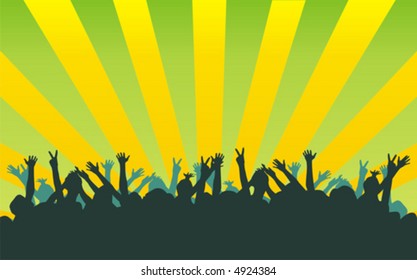 The figure representing black silhouettes of dancing people on a green background with yellow strips