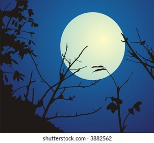 The figure representing a night landscape: black branches of trees on a background of the white-yellow full moon and the dark blue sky.