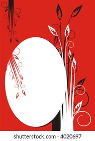 The figure representing an oval framework on a red background, decorated by flowers and a pattern of black and white color