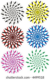 The figure representing six variants of multi-coloured hypnotic circles in the form of strokes twirled in the different sides on a white background