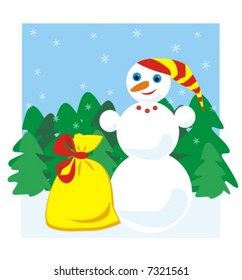 The figure representing a snowball in a striped cap with a bag of gifts of yellow color on a background of green fur-trees, the blue sky and snowflakes