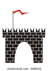 The figure representing a tower with a gate from a black brick with a red flag on a staff. Figure is located separately on a white background