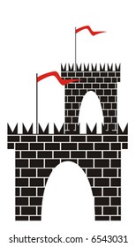 The figure representing a tower with a gate from a black brick with a red flag on a staff. Figure is located separately on a white background