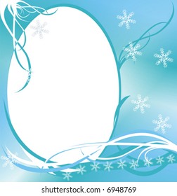 The figure representing a white oval framework on a azure background, decorated by snowflakes and a pattern of white and blue color