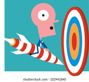 Figure rides a rocket towards a target