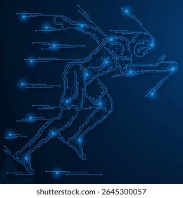 A figura de um homem correndo na forma de trilhas de placa de circuito impresso. A corrida e o avanço das novas tecnologias.