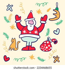 figure of santa claus with a bag of gifts and christmas elements