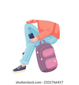 The figure of schoolgirl and backpack. The sticker icon of high school student.